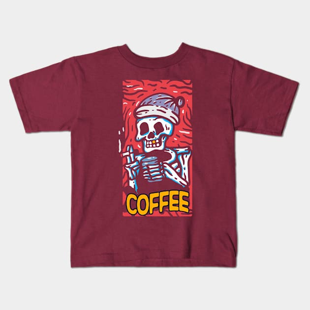 Smoking and coffee drinking skeleton Kids T-Shirt by Misfit04